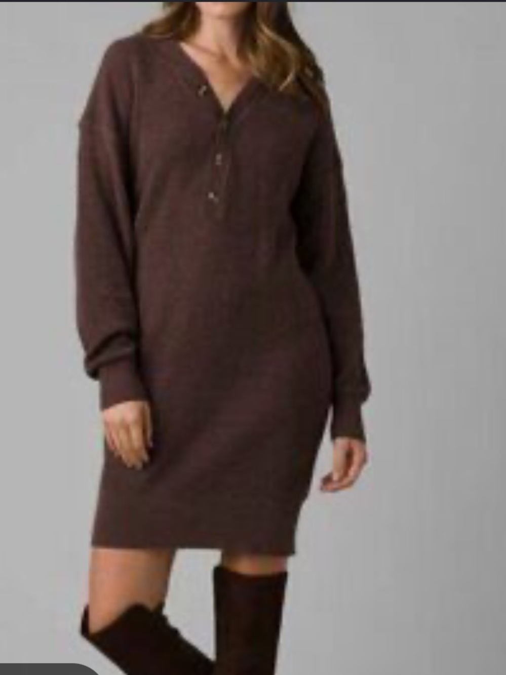 Prana Sweater Dress Merino Wool Cotton Organic Henley Brown Milani Size XS